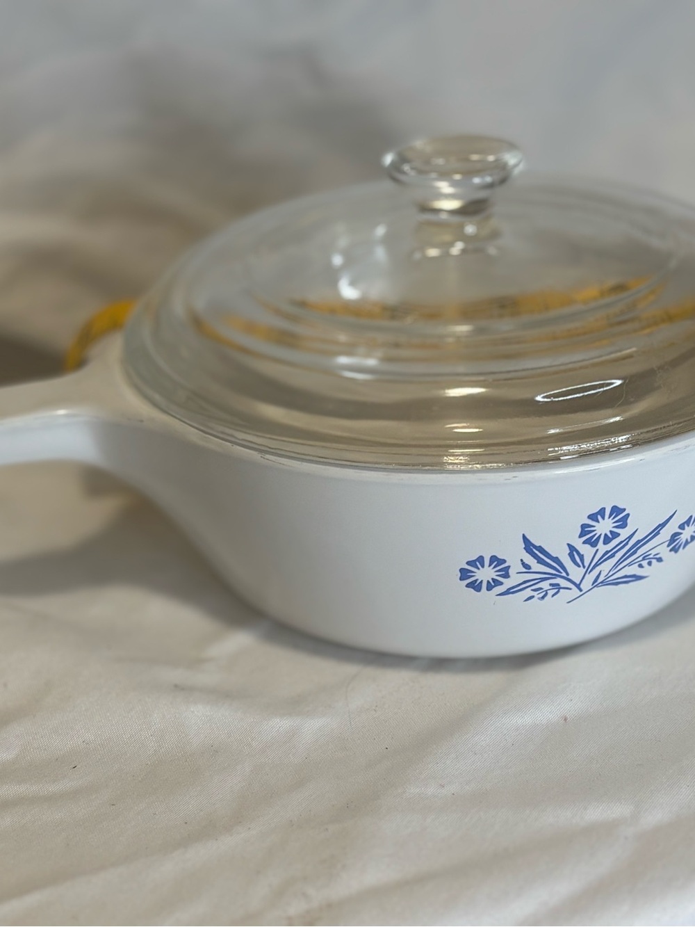 Corningware White Casserole with Blue Cornflower Motif and Glass Lid